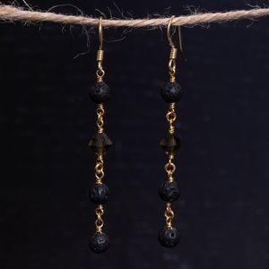 Handmade Lava Rock & Gold Brass Dangle Earrings